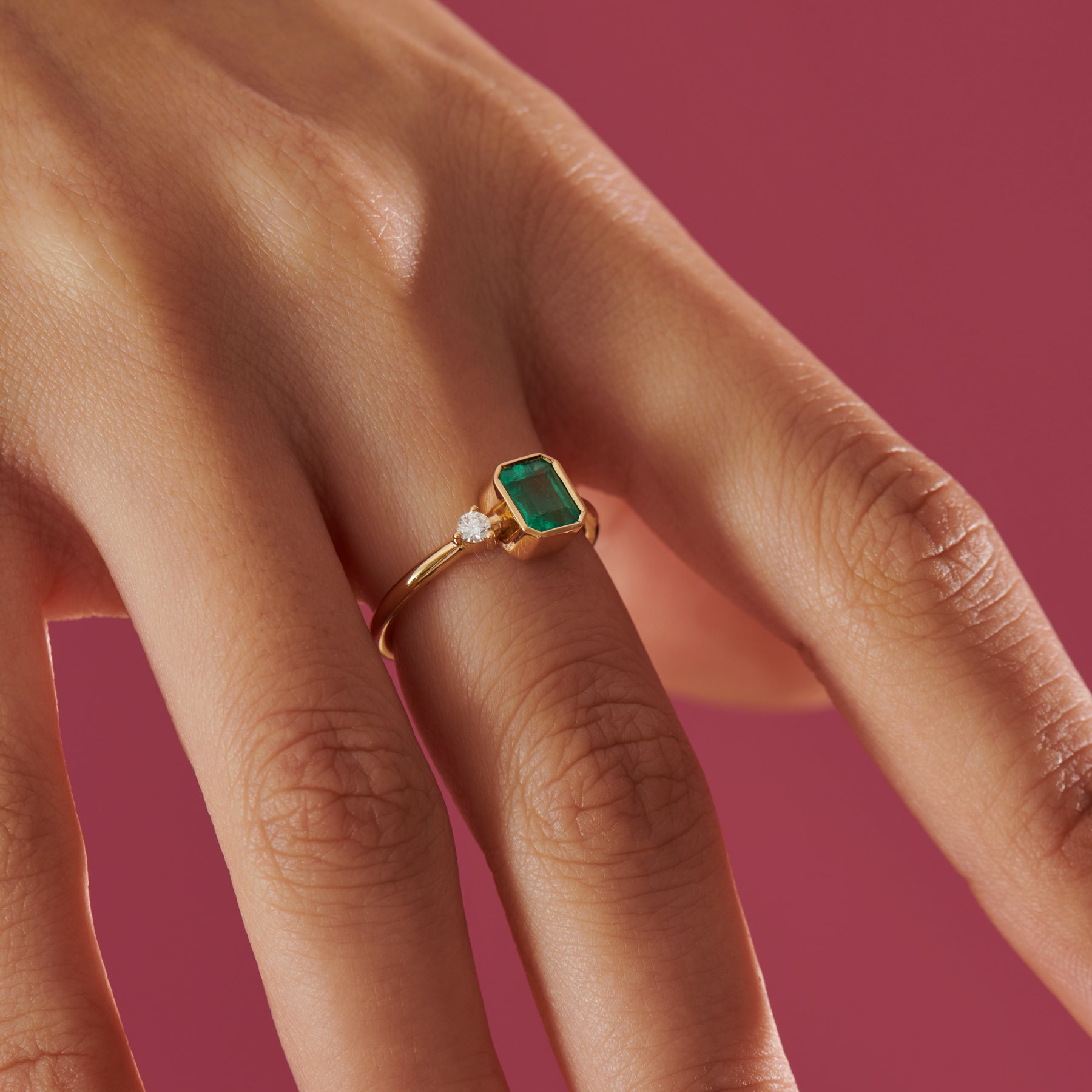 Bezel Set Emerald Pinky Ring - MiaDonna